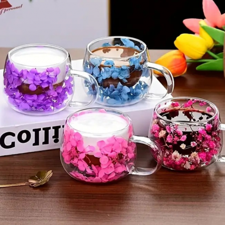 Flower Double Side Glass Coffee Tea Mug 175ml purple flowers