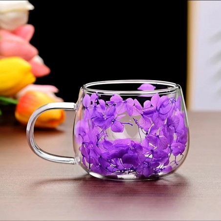 Flower Double Side Glass Coffee Tea Mug 175ml purple flowers