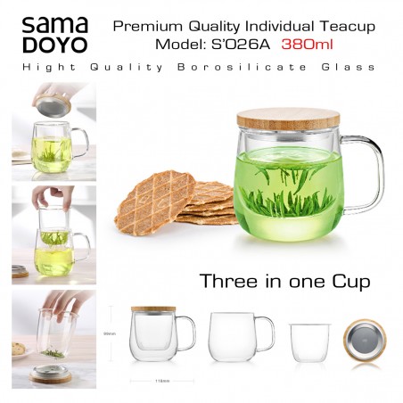 SAMADOYO Premium klases tējas krūze ar stikla filtru 3in1, S026A, 380 ml