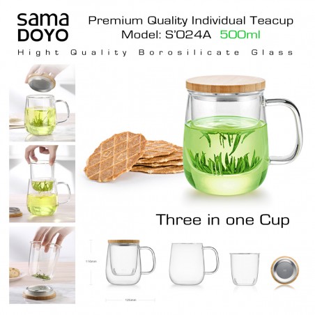 SAMADOYO Premium klases tējas krūze ar stikla filtru 3in1, S024A, 500 ml