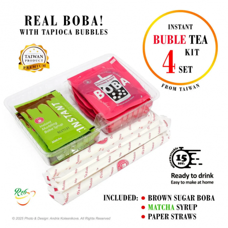 Bubble tea set with Matcha flavor for 4 people, Boba Kit, O's Bubble, 4x60g
