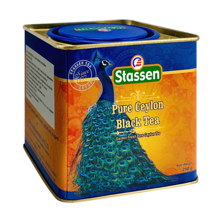 Stassen Peacock tīra Ceilonas melna tēja 250g metāla skārdene