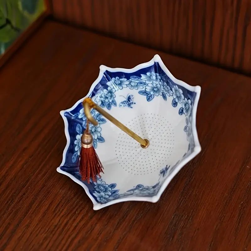 Vintage Blue & White Porcelain Umbrella - Compact Ceramic Infuser for tea