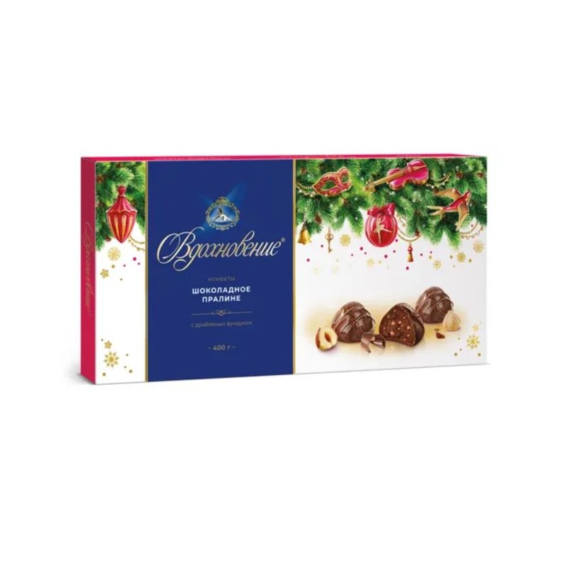 Konfektes "Vdohnovenie" šokolādes pralinē ar sasmalcinātiem lazdu riekstiem dāvanu kastītē 215 g