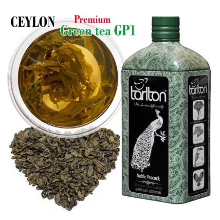 Ceylon green tea GP1 NOBLE PEACOCK in an elegant metal bottle, 150 g Tarlton